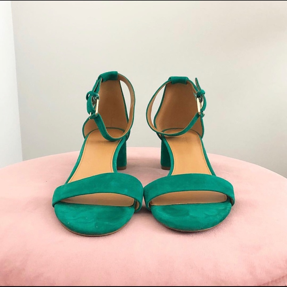 J Crew Kelly Green Suede Block Heel Sandals
